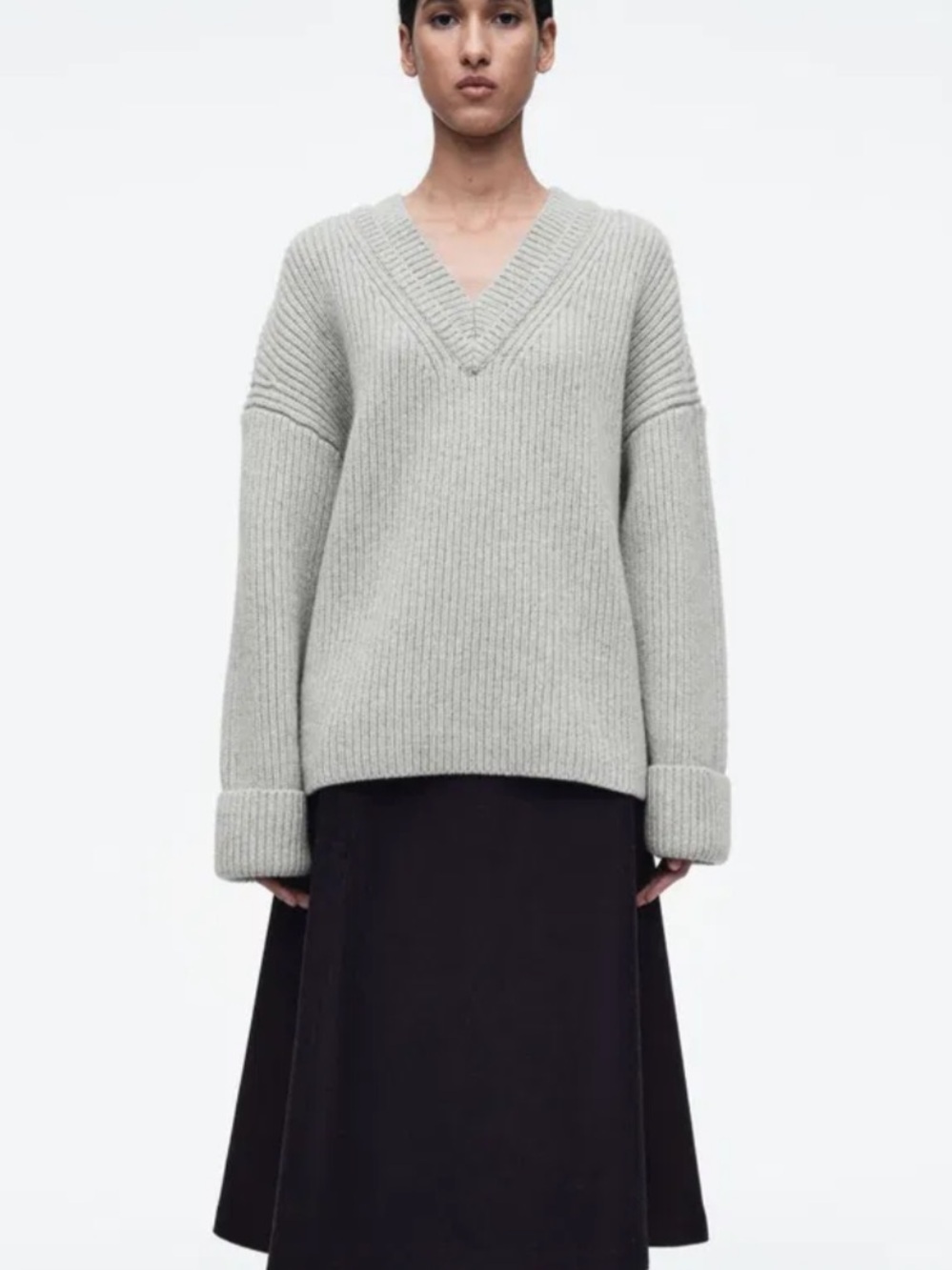 COS Layered V-Neck Merino Wool Jumper V-Neck Ribbed Light Gray Women's Sweater